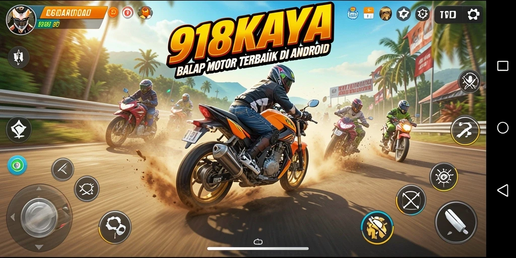 Screenshot gameplay 918KAYA menunjukkan aksi balap motor yang mendebarkan.