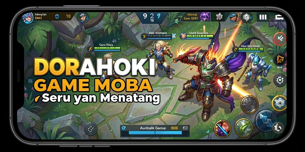 Screenshot gameplay DORAHOKI menampilkan pertempuran epik antar hero.