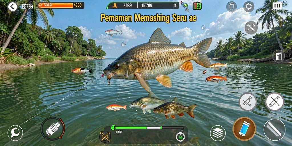Tampilan gameplay EE789 dengan grafis memukau saat memancing.