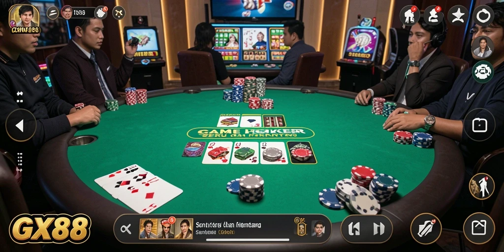 Screenshot utama GX88 menampilkan gameplay poker yang mendebarkan.