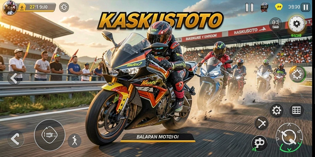 Tampilan gameplay seru dalam KASKUSTOTO dengan motor balap yang mendebarkan.