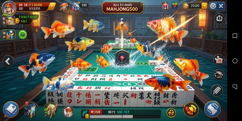 Screenshot gameplay MAHJONG500 menampilkan aksi Tembak Ikan yang seru.