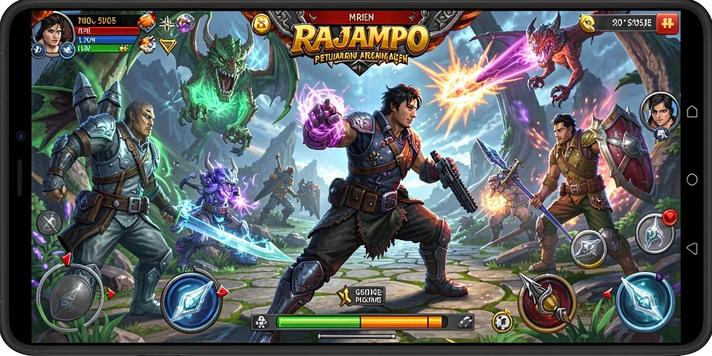 Tampilan seru dari gameplay RAJAMPO saat bertarung melawan monster.