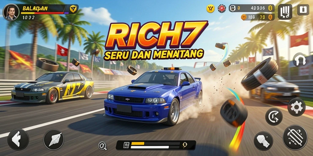 Gameplay seru RICH7 dengan berbagai trek balap menantang.