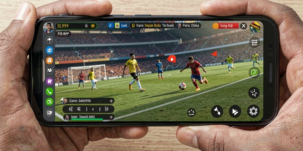 Screenshot utama SL999 menampilkan aksi seru di lapangan sepak bola.