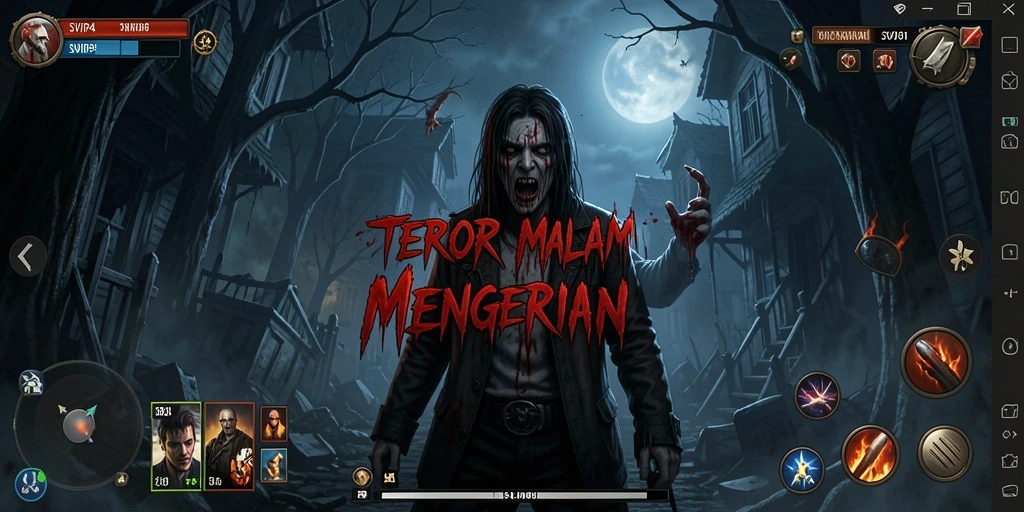 Screenshot gameplay SVIP4 menunjukkan suasana mencekam dengan efek menakutkan.